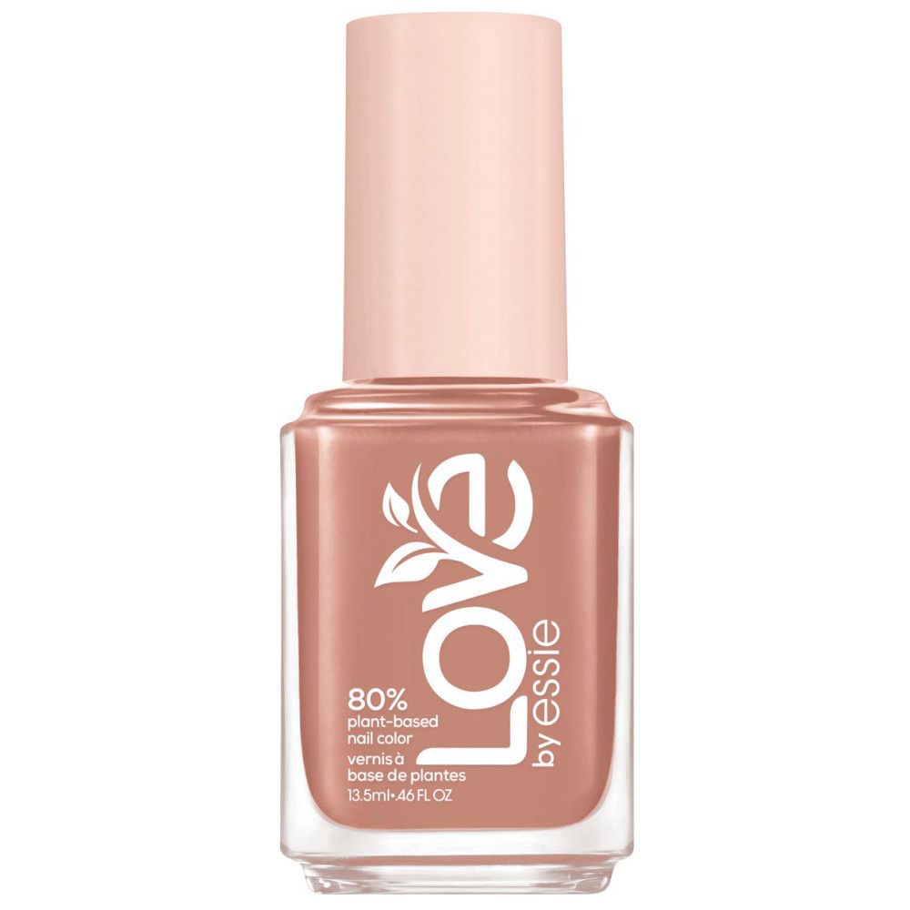 Flacon de vernis à ongles, bouchon rose, forme carrée. Inscription : Love by Essie, 80% végétal, vernis à ongles, 13,5 ml.