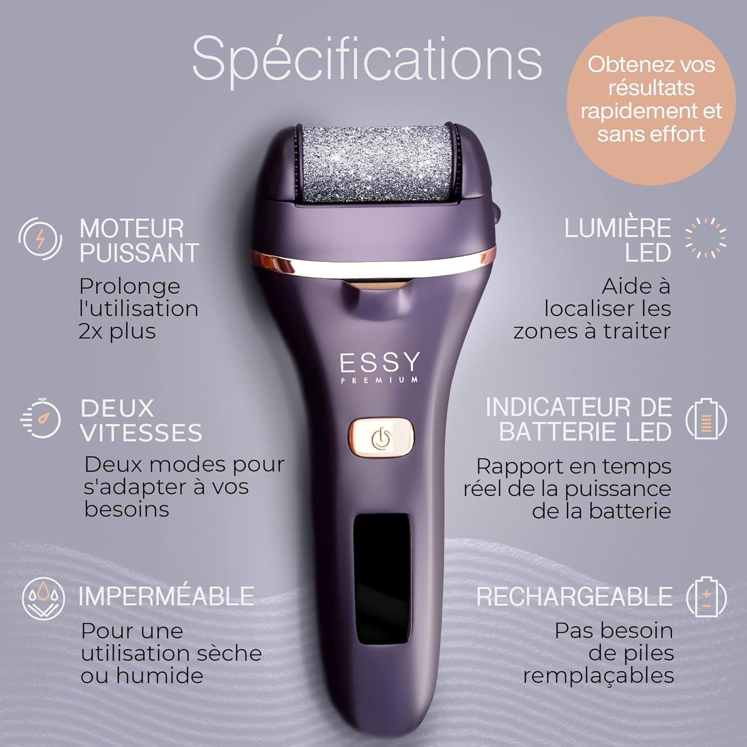 Dévitaliseur électrique violet avec rouleau argenté, lumière LED et indicateur de batterie.