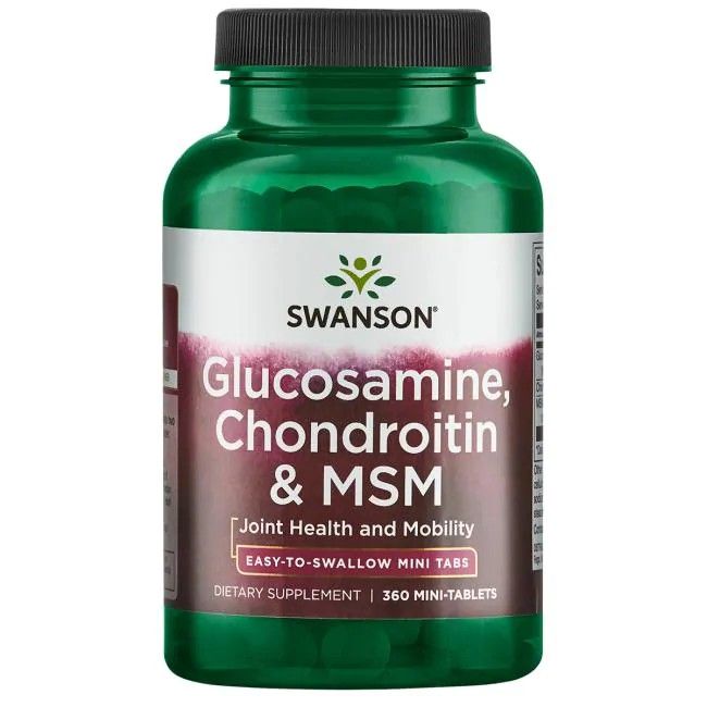 Flacon vert avec étiquette blanche. Inscription: SWANSON, Glucosamine, Chondroïtine & MSM. 360 mini-comprimés.