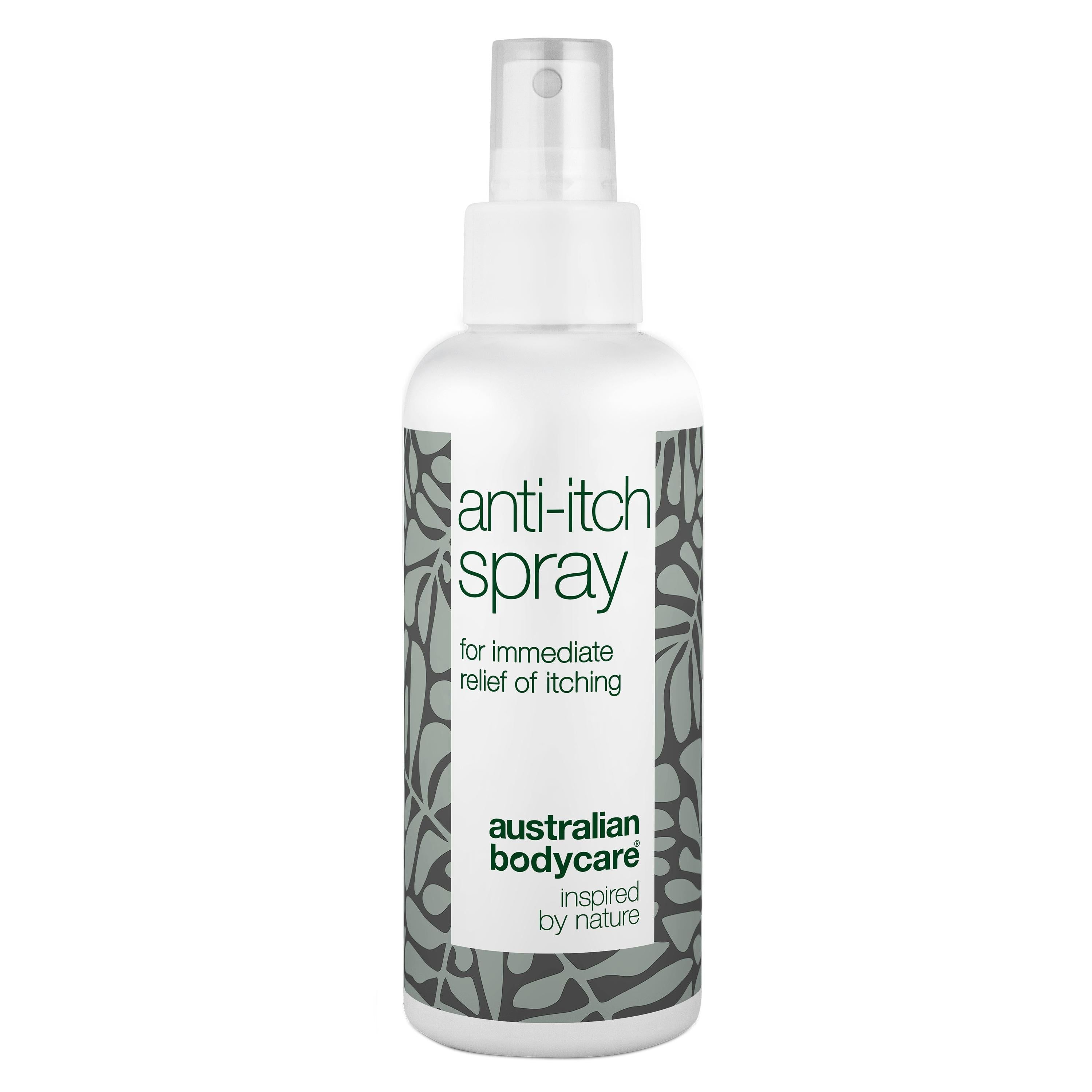 Spray blanc avec l'inscription 'anti-itch spray' et 'australian bodycare'.