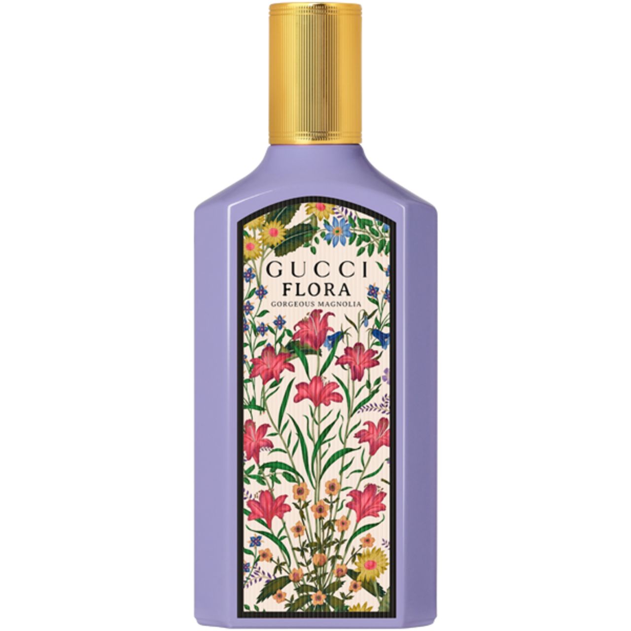 Flacon avec étiquette florale. Bouchon doré. Inscription : Gucci Flora Gorgeous Magnolia.