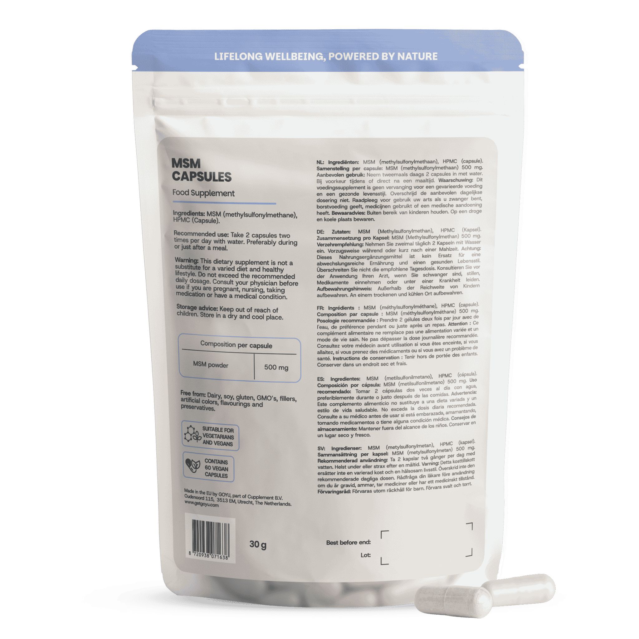 Arrière de l'emballage : ingrédients, recommandation de dosage, informations nutritionnelles.