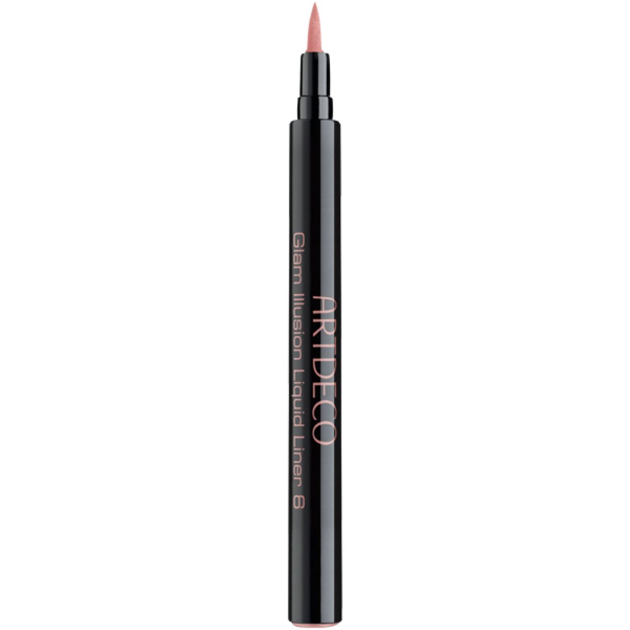 Zwarte eyeliner met ARTDECO en Glam Illusion Liquid Liner B. Roze applicatorpunt zichtbaar.