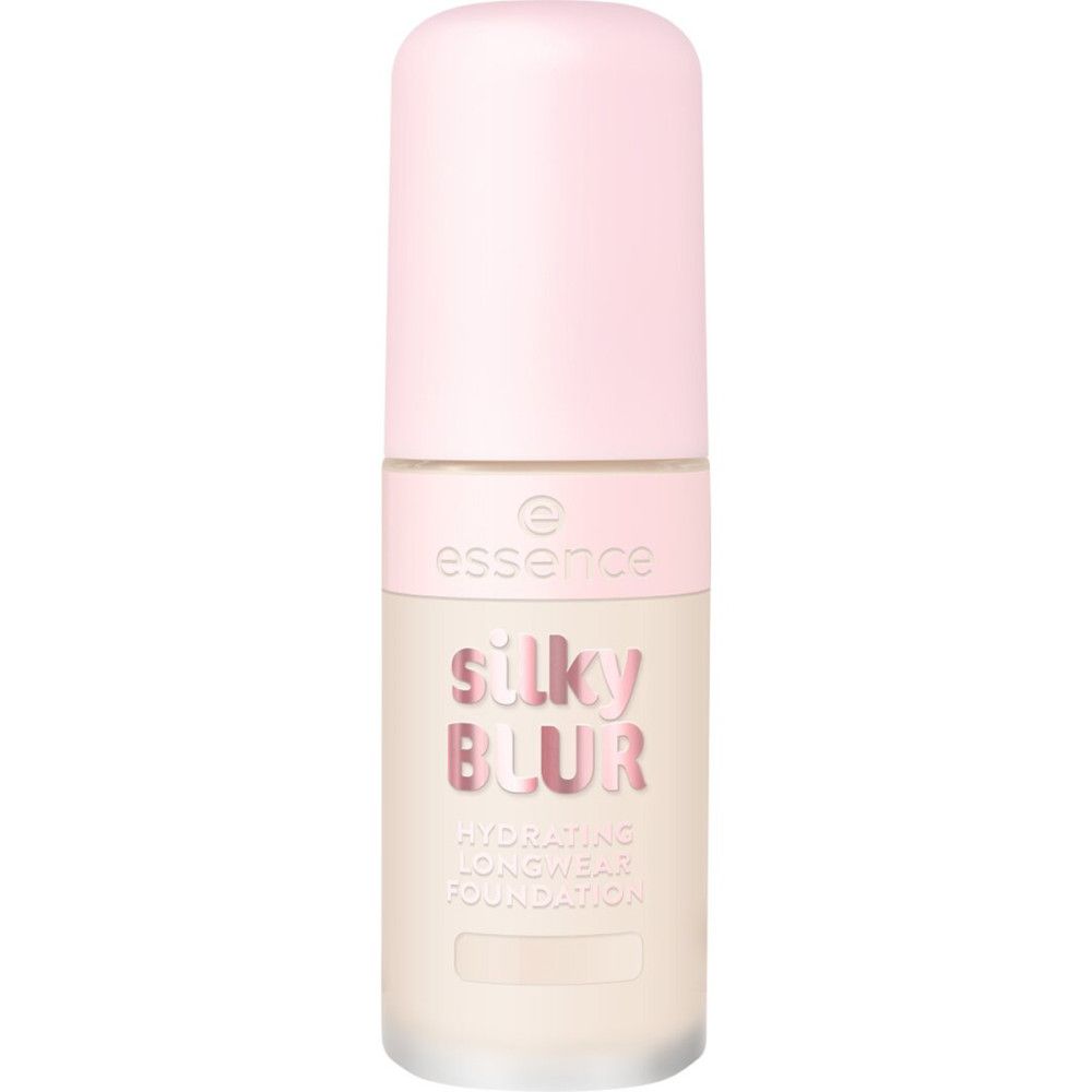 Vloeibare foundation in een cilindrische fles met roze dop. Opschrift: Silky Blur, Hydrating Longwear Foundation. Merk: Essence.