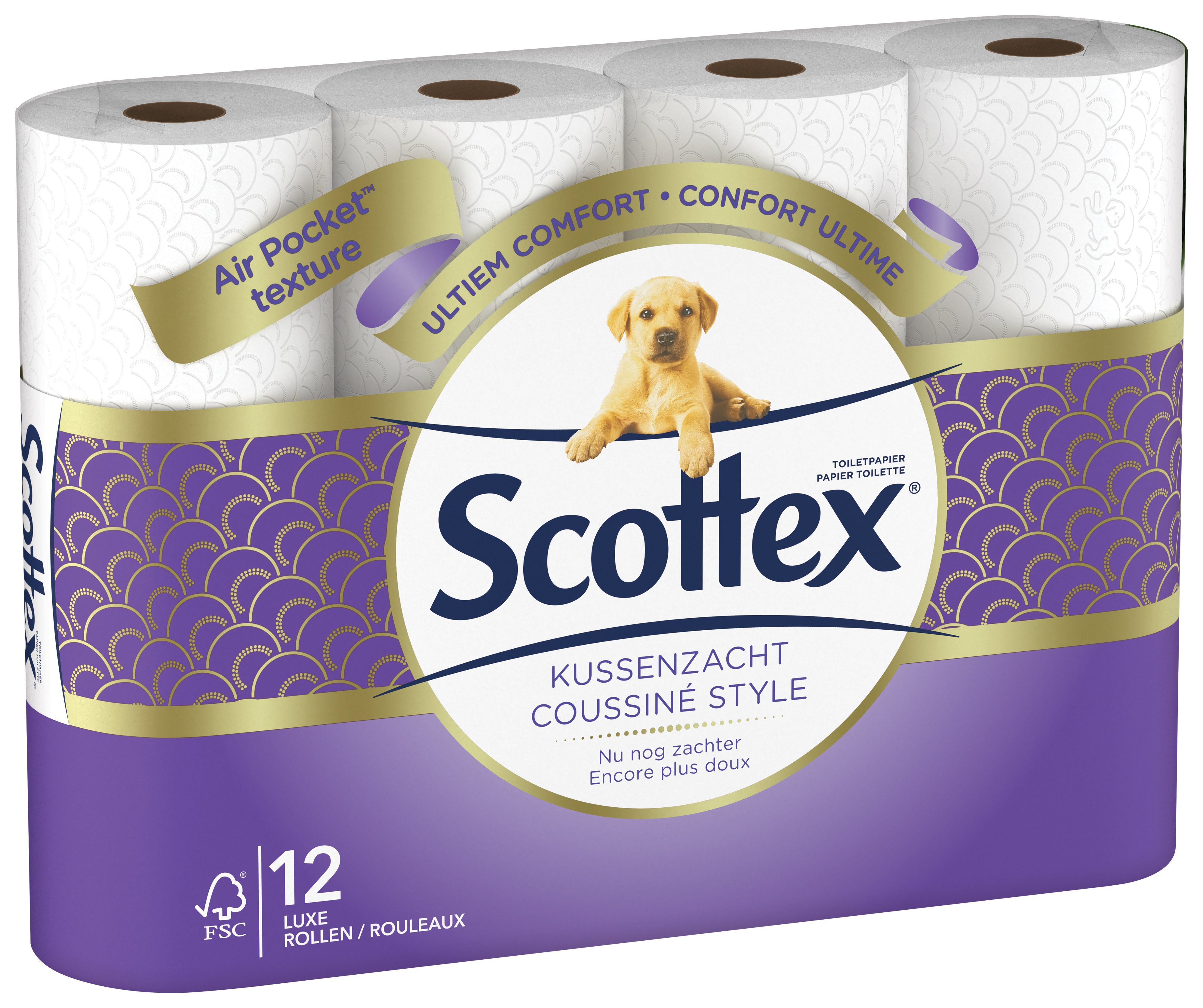 Paquet de papier toilette Scottex, 12 rouleaux. Emballage violet avec logo, illustration de chiot et texte.