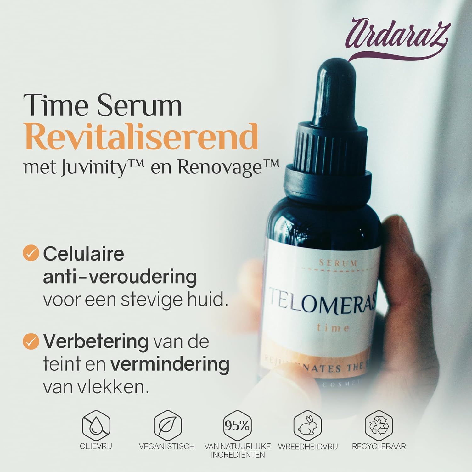 Donkerbruine glazen fles met druppelaar, gelabeld 'Telomeras Time Serum'.