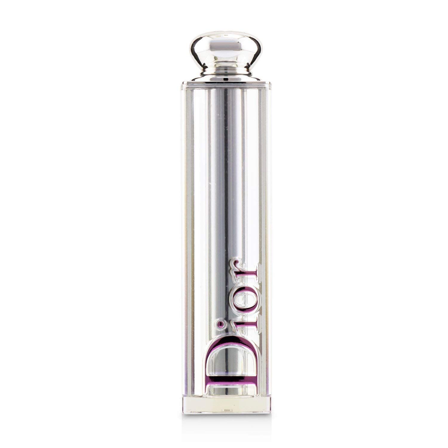 Rouge à lèvres Dior fermé. Boîtier argenté avec logo Dior. Partie supérieure transparente.