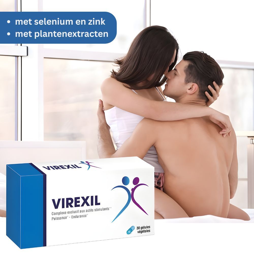 Koppel in bed. Doos "Virexil" met logo en tekst. Bevat 30 capsules. Blauw-wit ontwerp met afbeelding van twee personen.
