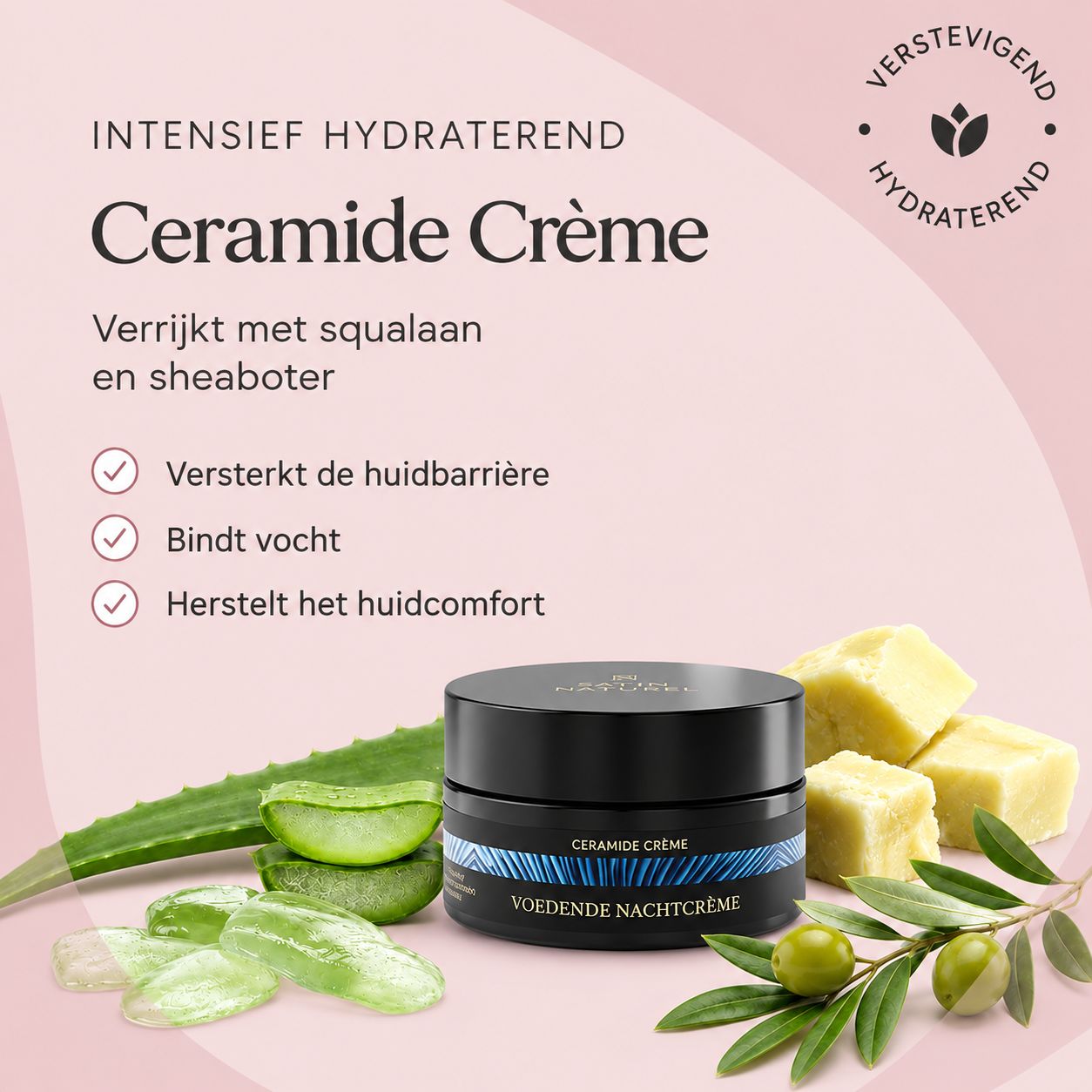 Intensief hydraterend: Ceramide crème met squalaan en sheaboter. Versterkt huidbarrière, bindt vocht.