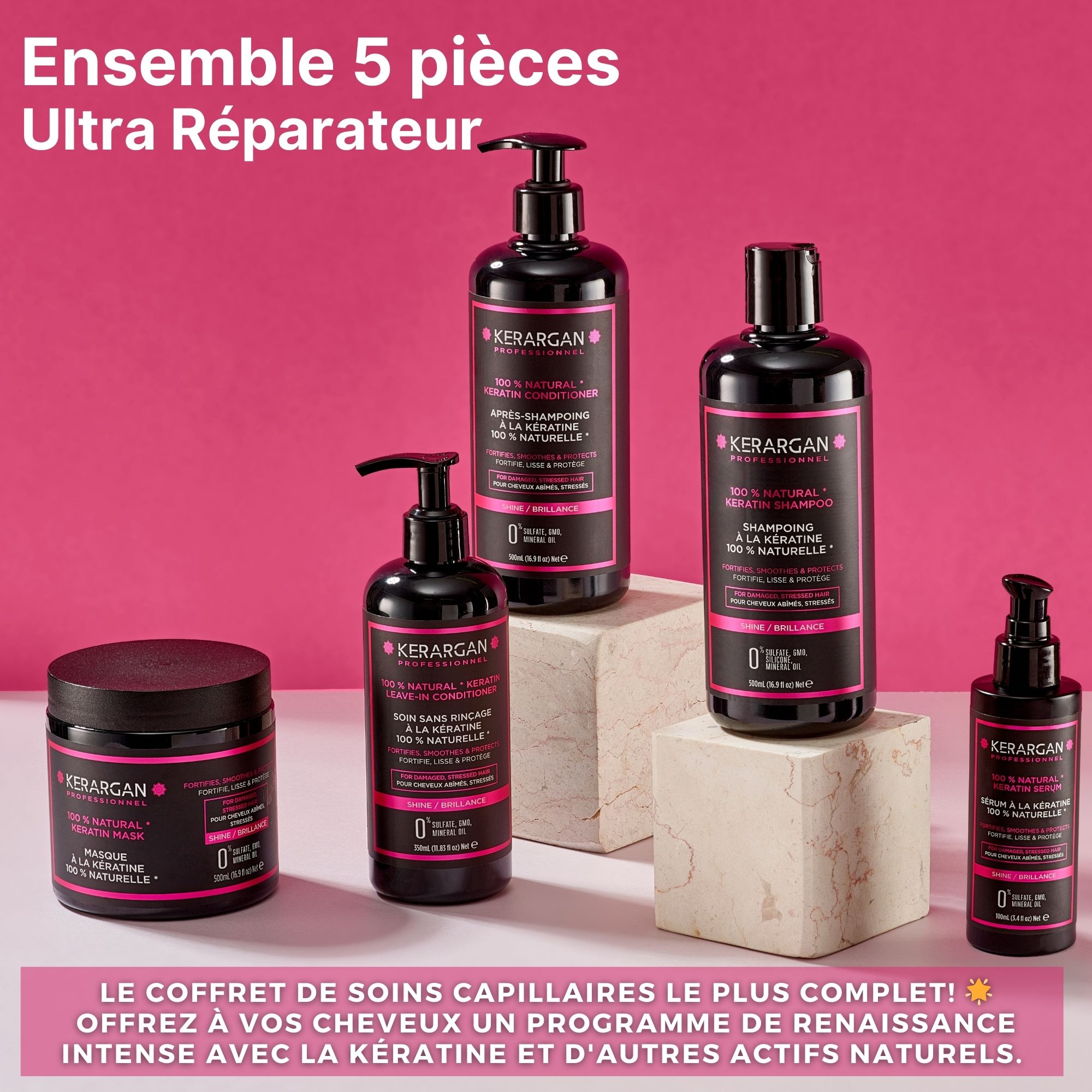 Kerargan - Ensemble Réparateur Shampoing, Après-shampoing, Masque, Sérum Leave-In Kératine