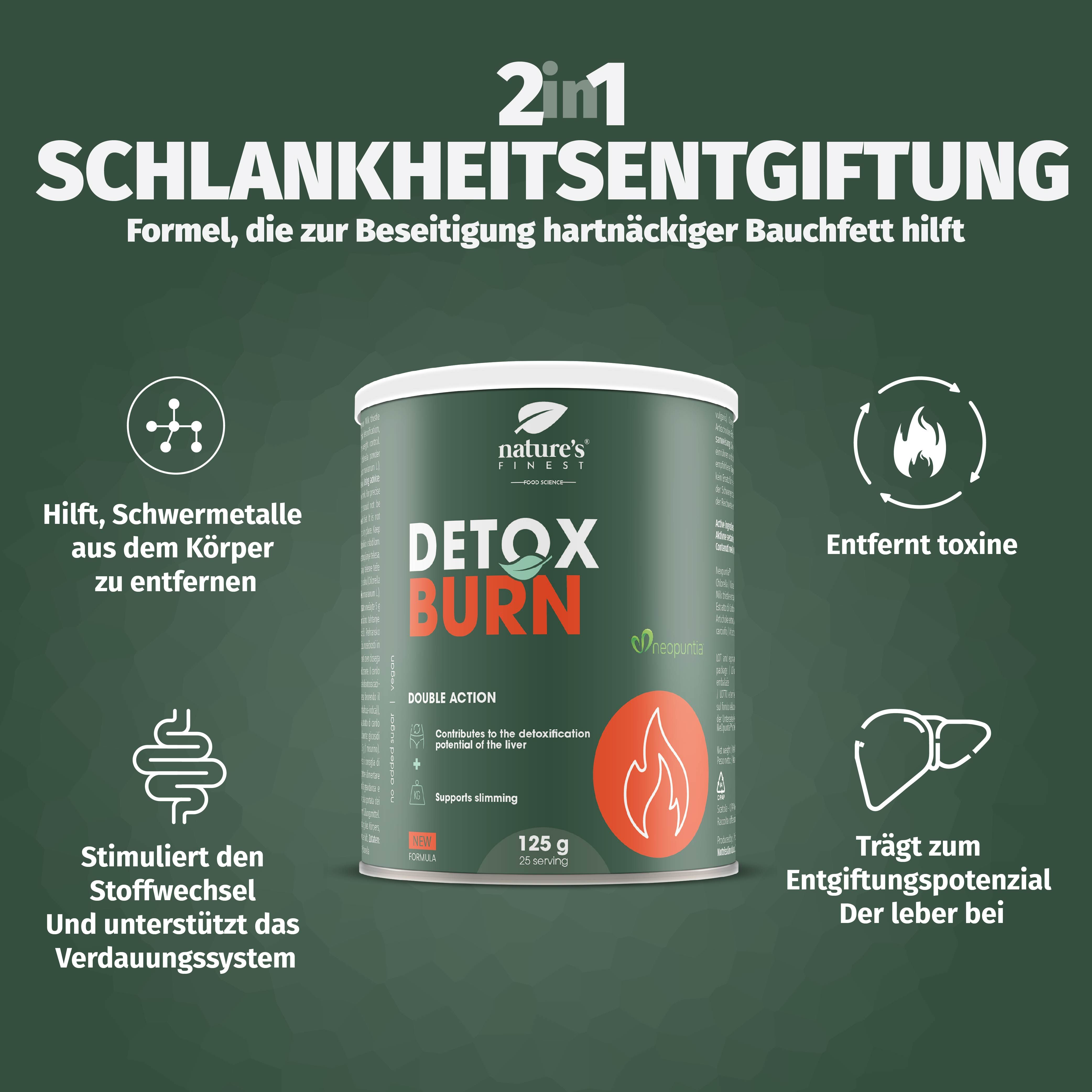Groene pot 'Detox Burn' met 125g. Met iconen en teksten.