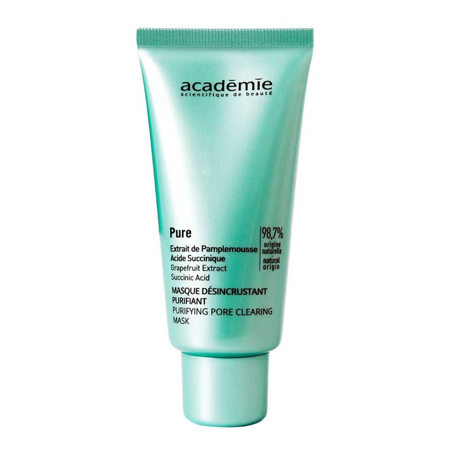 Tube vert clair. Inscriptions: Académie, Pure, Masque Désincrustant Purifiant. Ingrédients et pourcentage d'origine naturelle (98,7%).