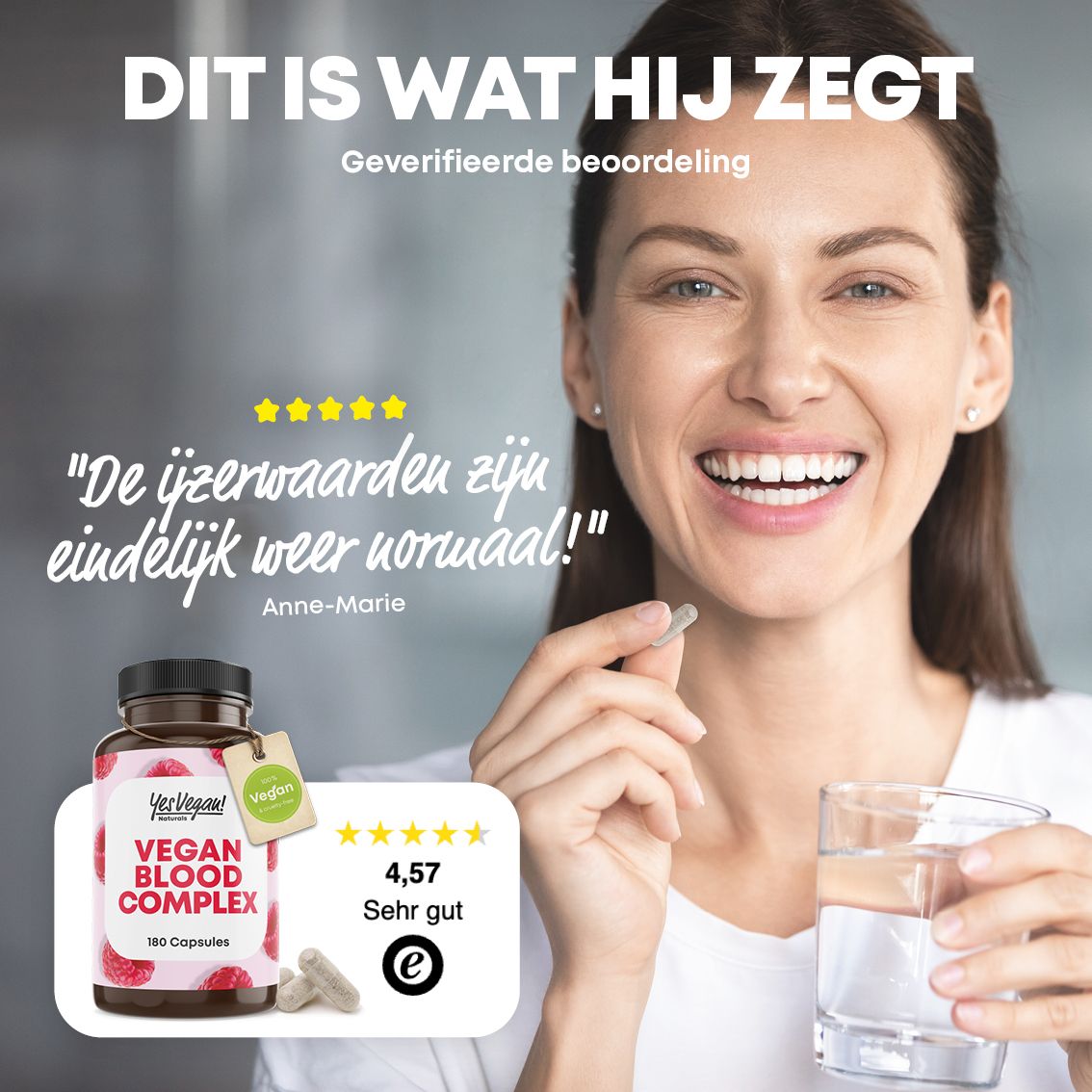 Vrouw houdt een capsule en een glas water vast, met een citaat over ijzerwaarden (Nederlands).