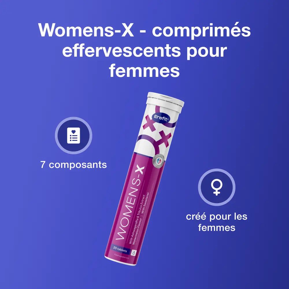 Emballage du produit "Erefit Womens-X". 7 ingrédients. Pour femmes. 20 comprimés.