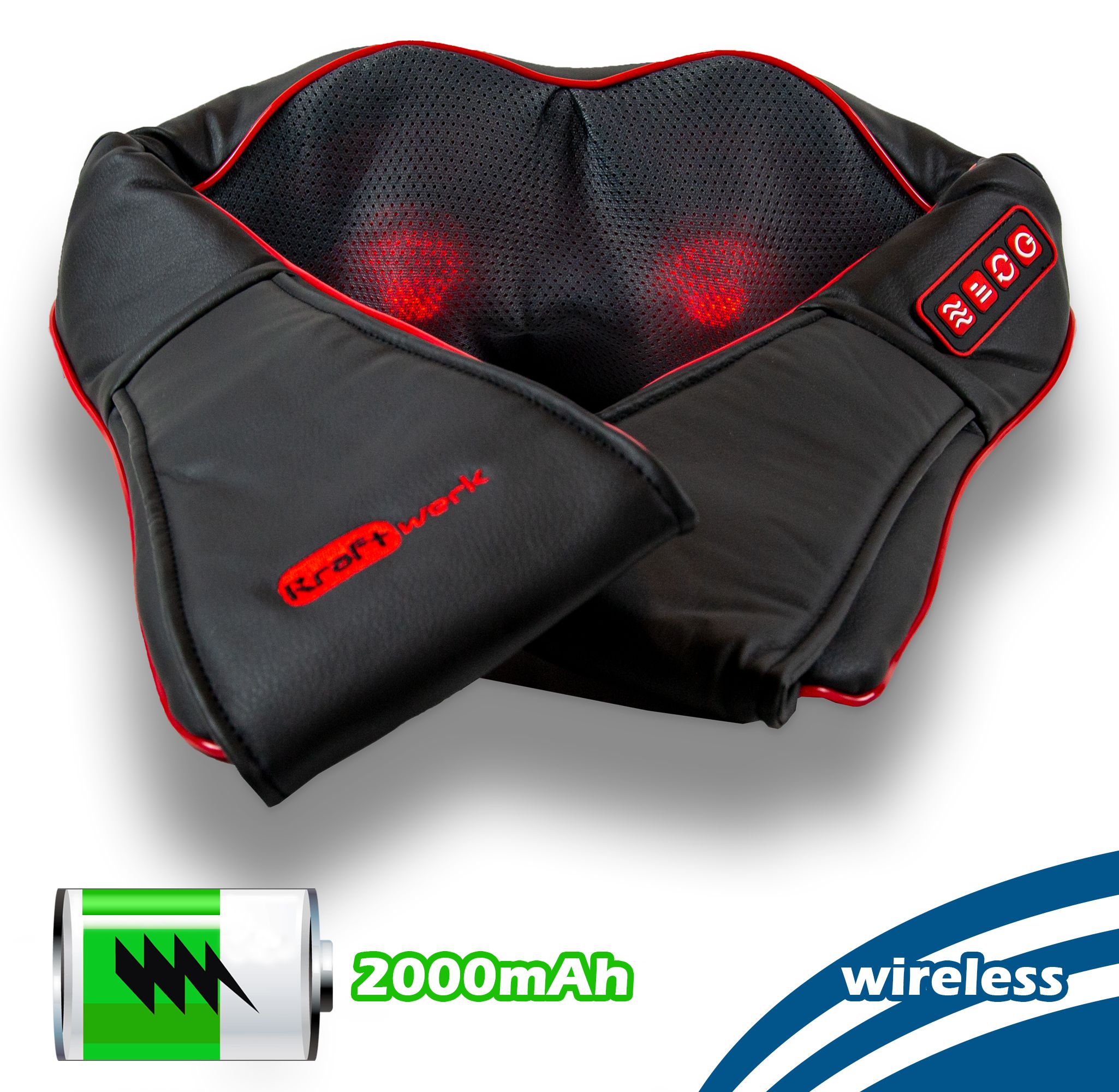 Zwarte Shiatsu nekmassager met rode accenten. 2000mAh batterij en draadloze functie worden vermeld.