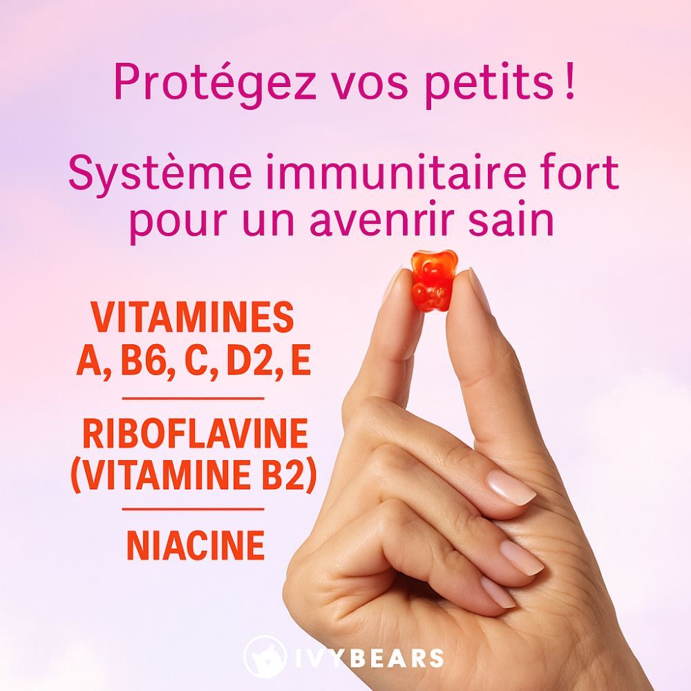 Main tenant un ourson en gélatine rouge. Texte avec vitamines A, B6, C, D2, E, riboflavine et niacine.