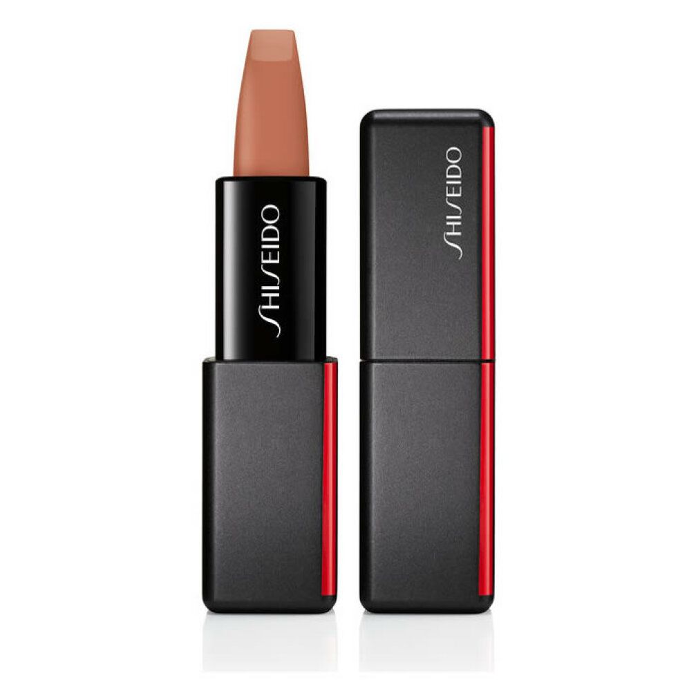 Rouge à lèvres ModernMatte Shiseido, ouvert. Boîtier noir, ligne rouge. Inscription blanche. Couleur nude.