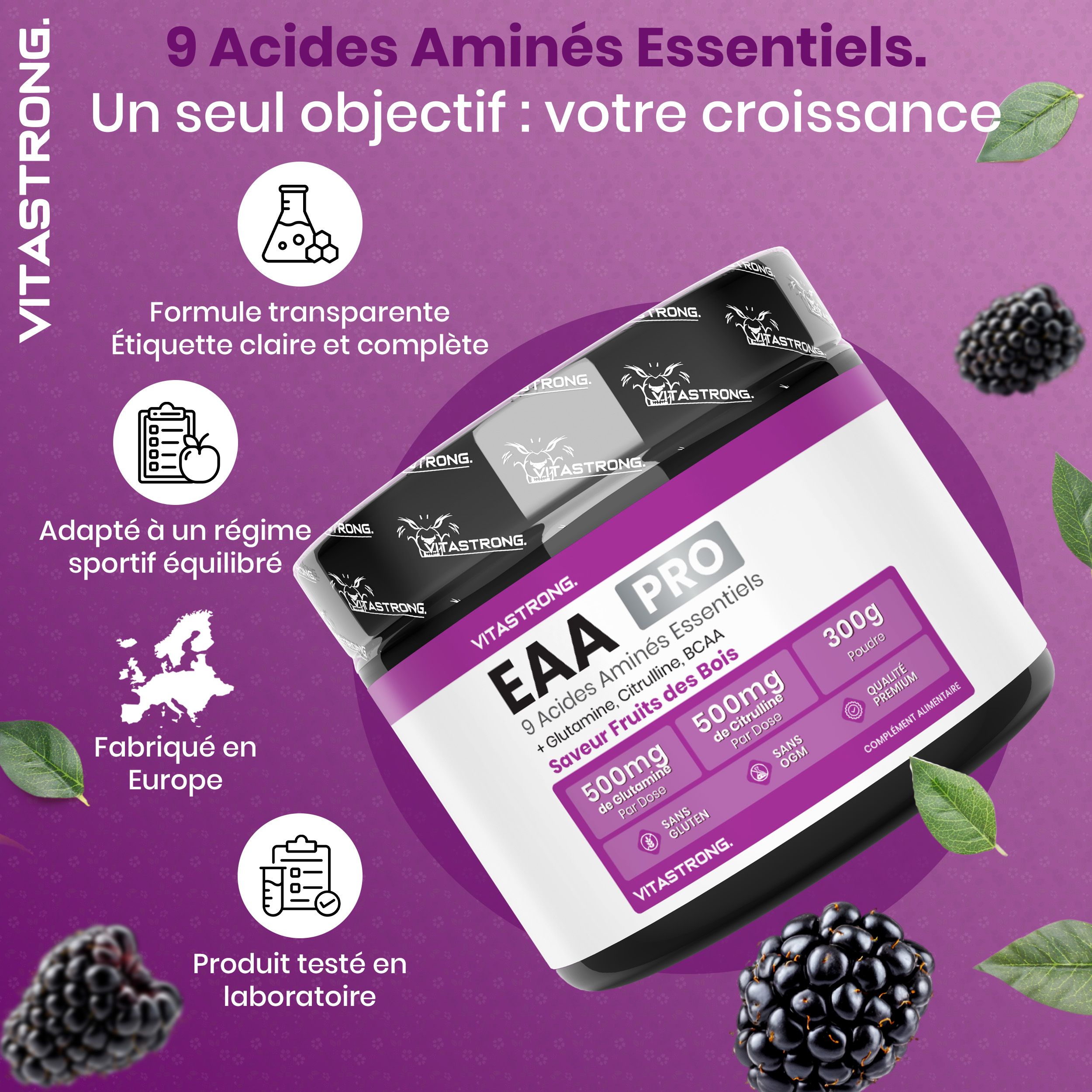 Vitastrong EAA Pro, pot. 9 essentiële aminozuren. Eén doel: uw groei. Gemaakt in Europa. Laboratorium getest.