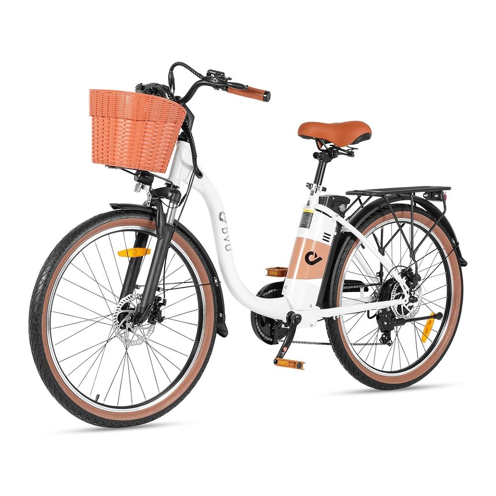Vélo électrique blanc avec pneus, selle et panier marron. Porte-bagages arrière. Logo DYU sur le cadre.