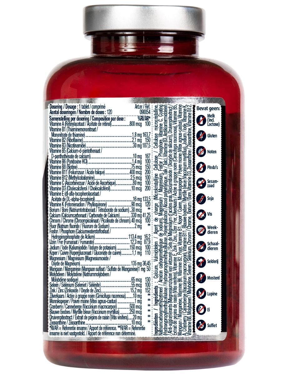 Achterkant bruine fles 'Lucovitaal'. Bevat informatie over ingrediënten en voedingswaarden. Tekst in het Nederlands.