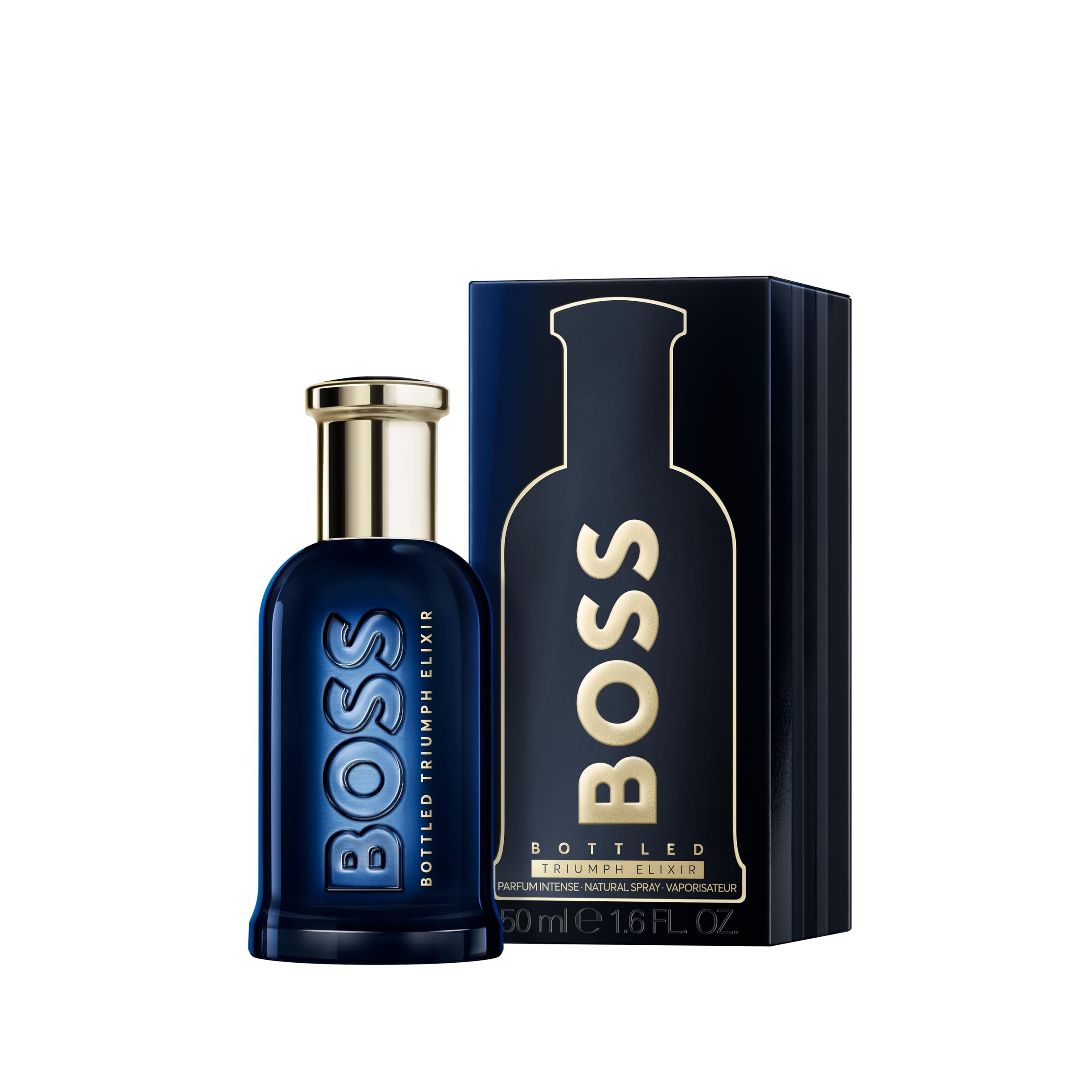 Hugo Boss Bottled Triumph Elixir parfumfles en doos. Donkerblauw met gouden belettering.