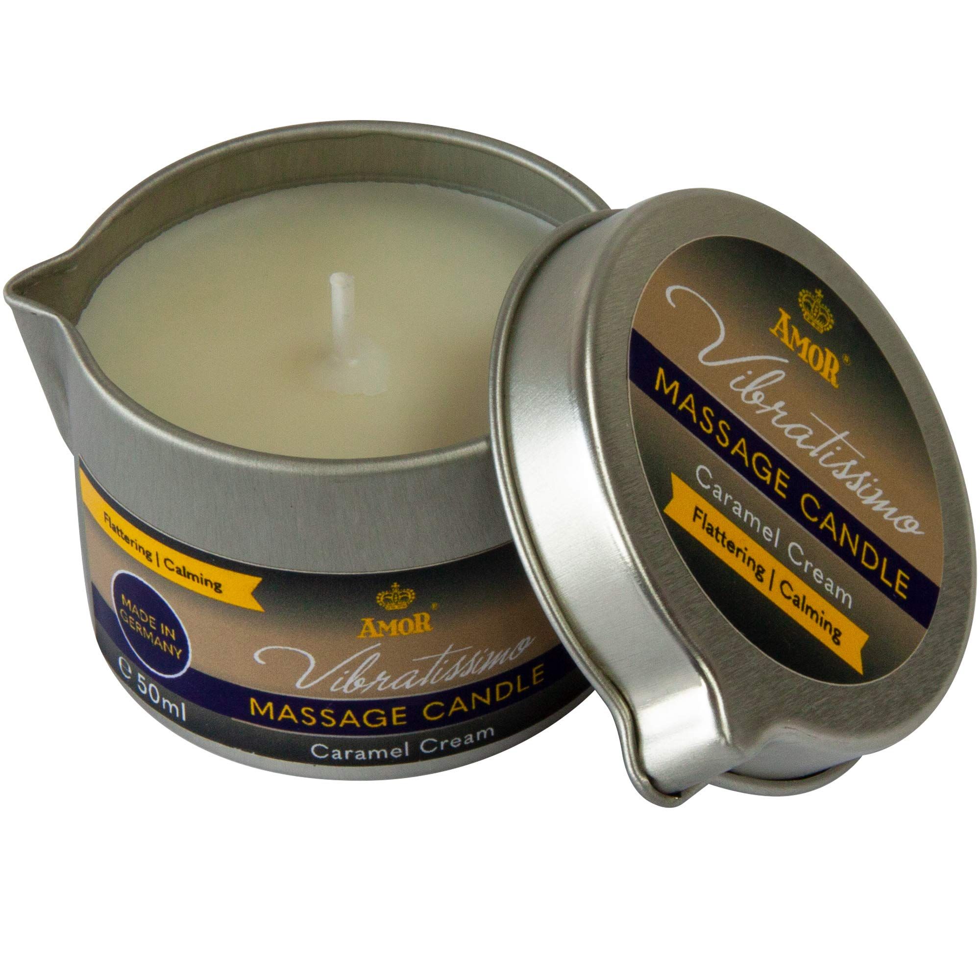 Bougie de massage en boîte métallique avec bec verseur, parfum Caramel Cream.