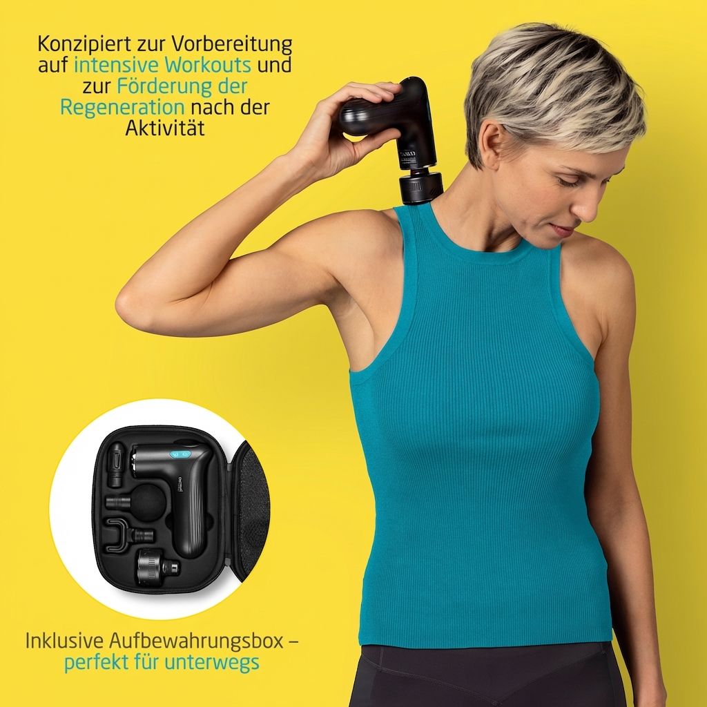 Femme utilisant un pistolet de massage sur son cou. Boîte de rangement incluse.