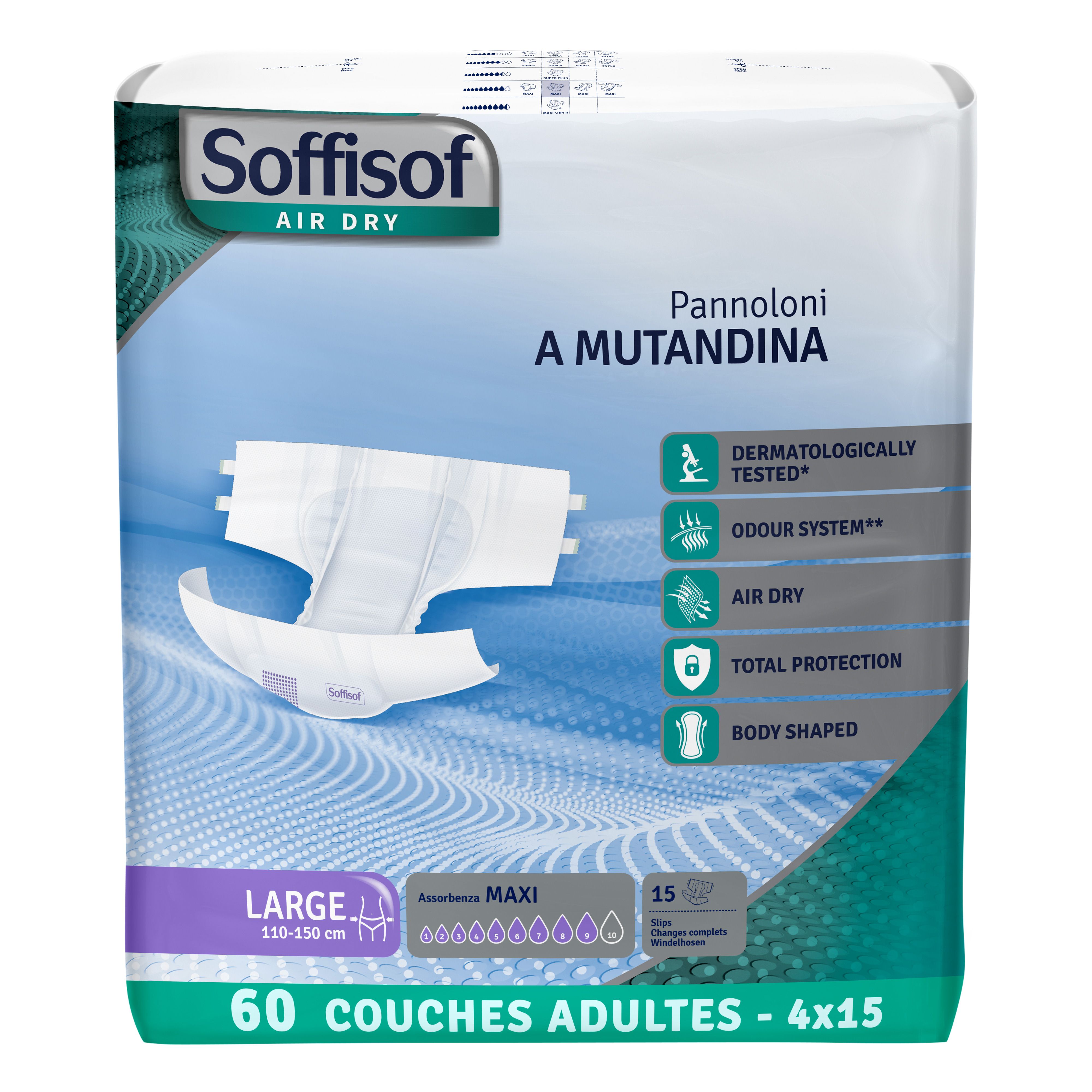 Couches adultes Soffisof Air Dry Maxi. Emballage bleu avec couche blanche. Taille Large, 110-150 cm.