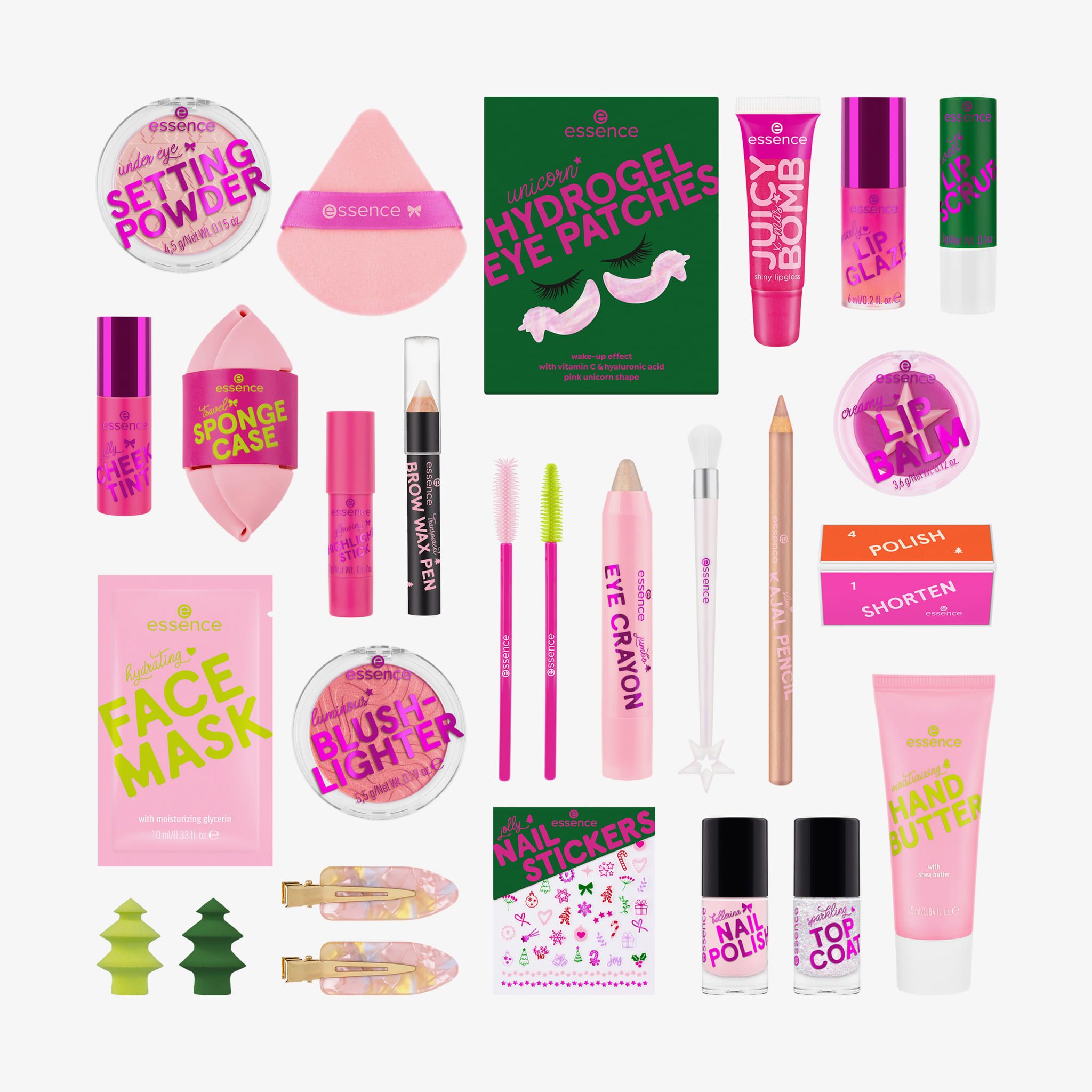 Adventskalender met cosmetische producten. Bevat setting powder, gezichtsmasker, nagellak, lip balm.