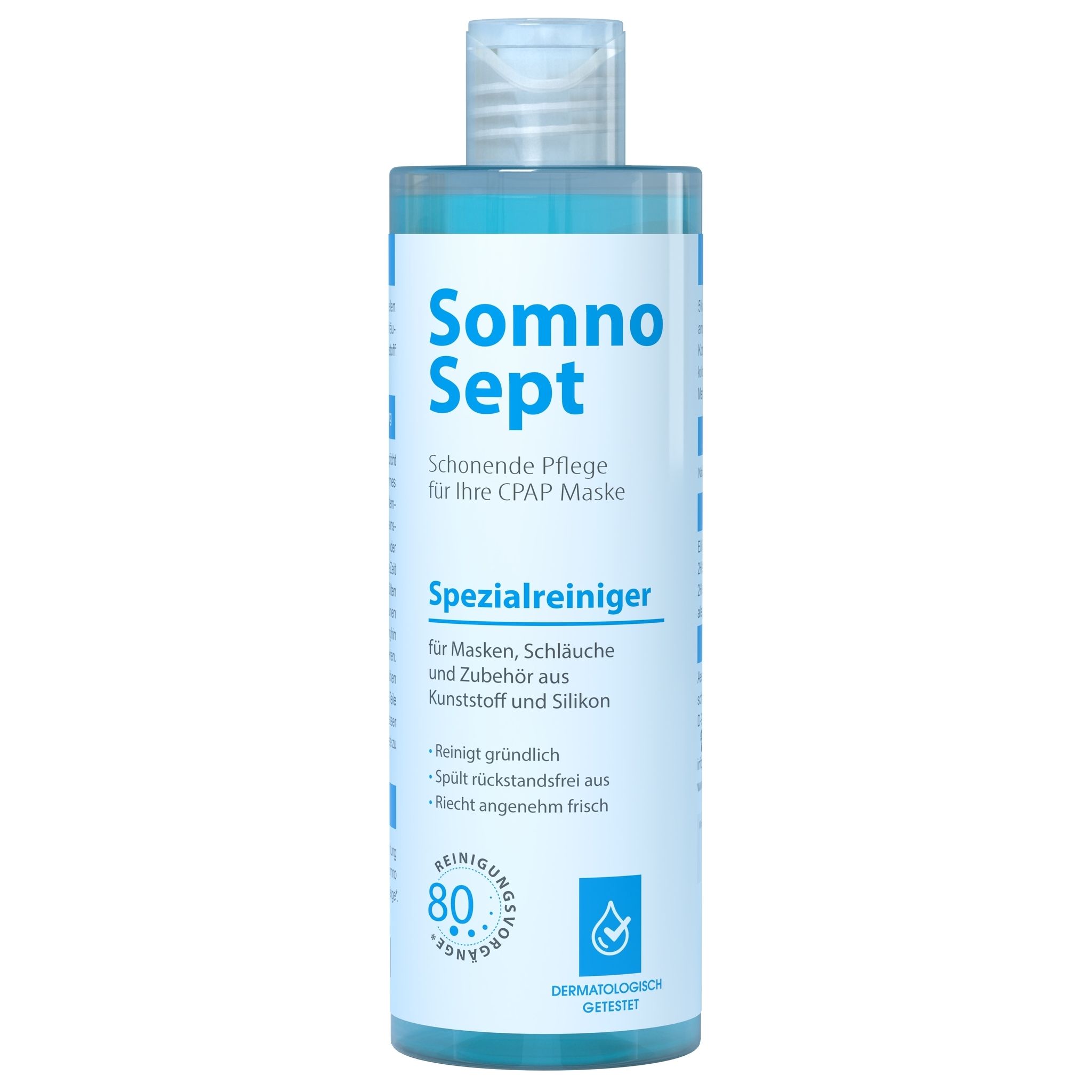 Flacon de nettoyant bleu. Texte: SomnoSept, nettoyant spécial pour masques PPC. Testé dermatologiquement.