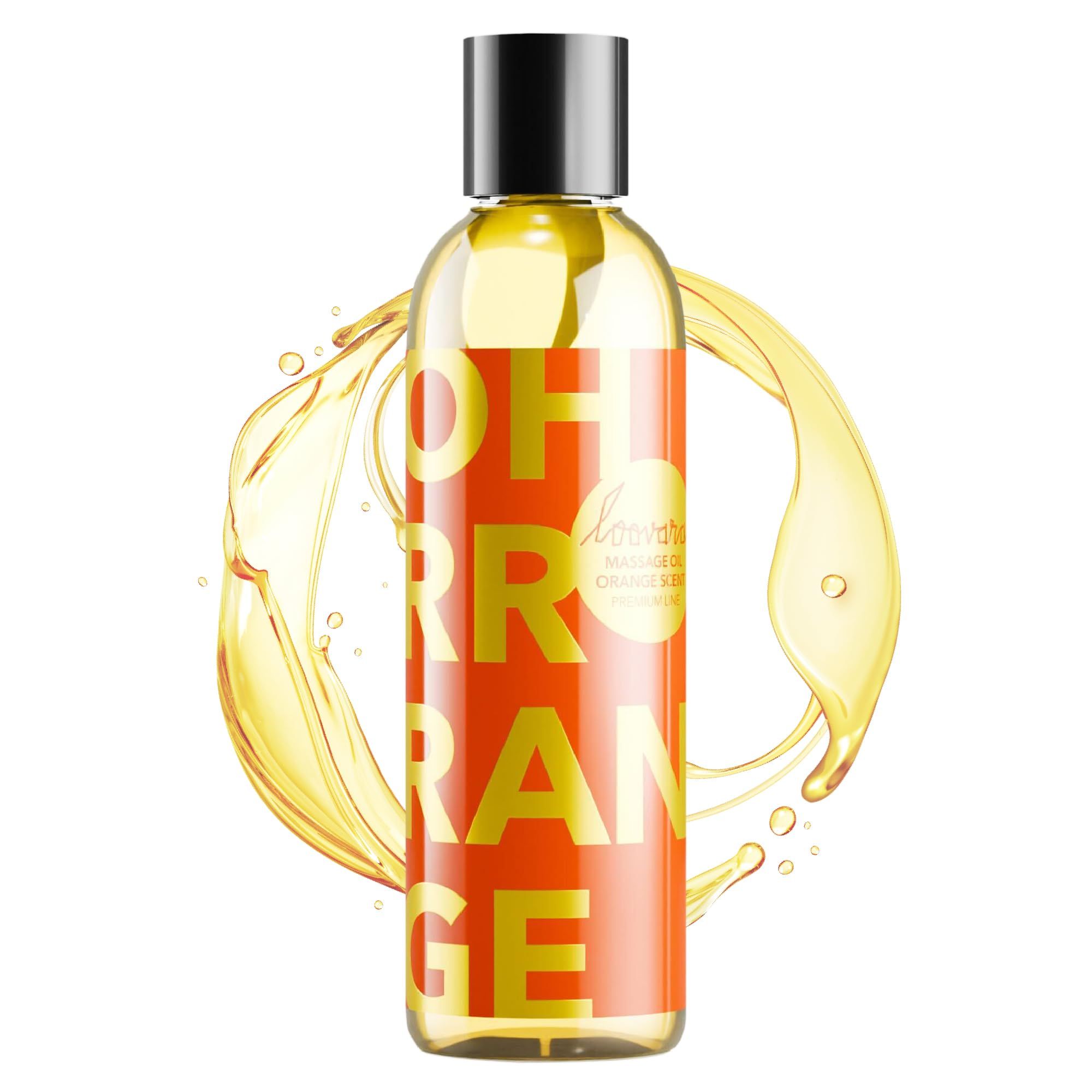 Fles Loovara Oh Rrrange massageolie met een oliespat eromheen.