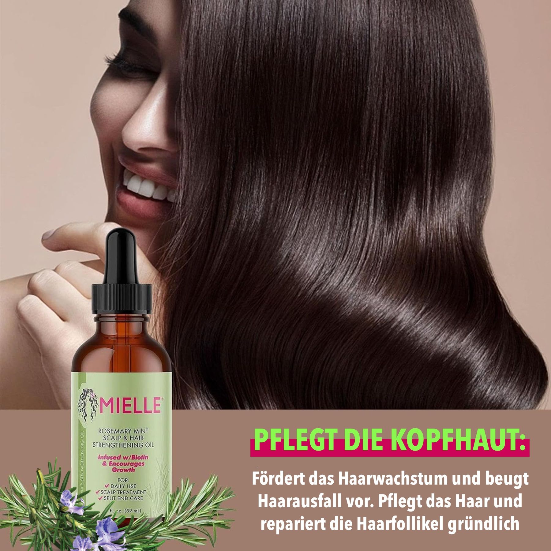 Flacon en verre brun avec pipette à côté de cheveux brillants. Étiquette avec texte et logo. Texte : Soigne le cuir chevelu.