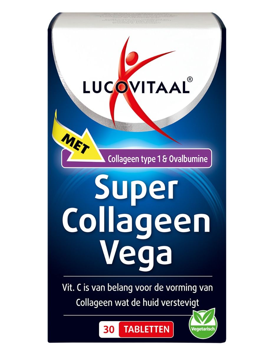 Boîte de 'Super Collageen Vega' de Lucovitaal. Contient 30 comprimés. Logo végétarien visible.