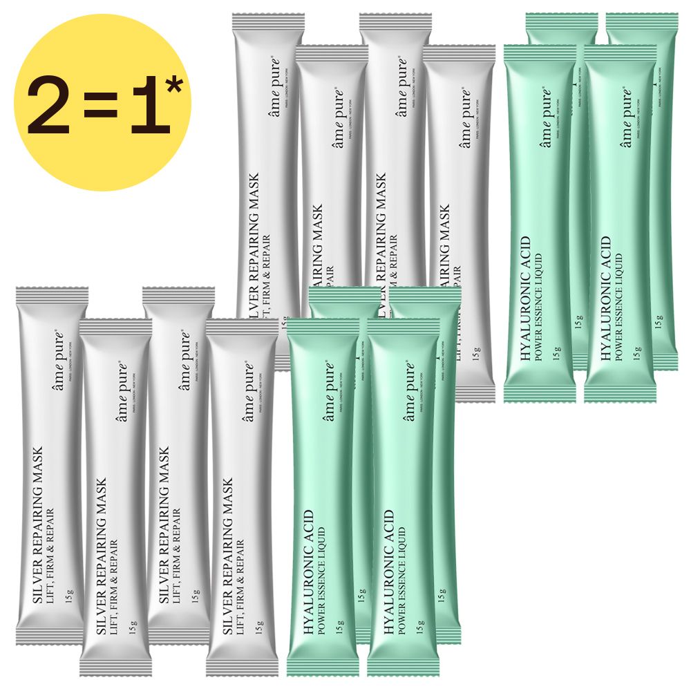 Twee zakjes zilveren herstelmasker en drie zakjes hyaluronzuur power essence vloeistof.