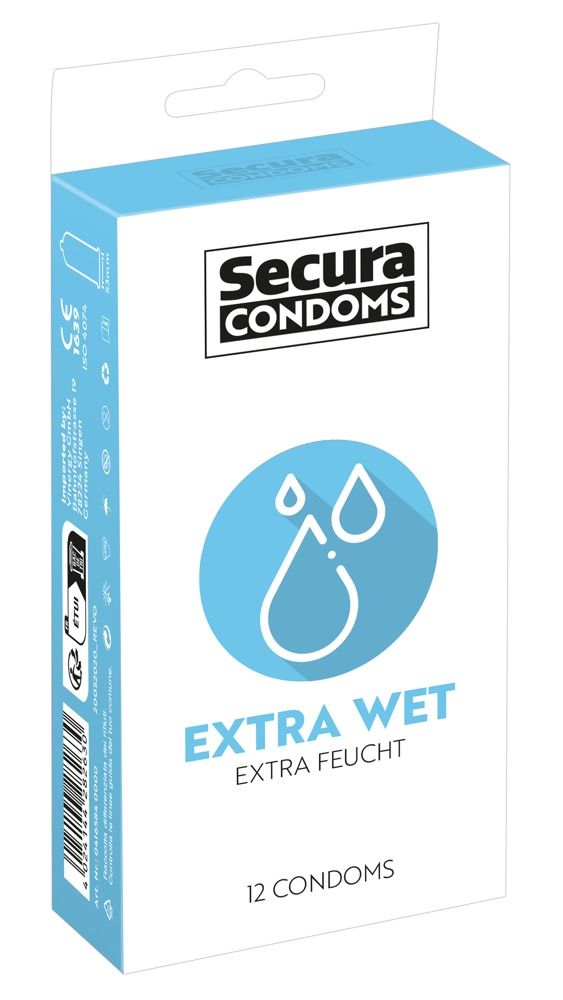 Boîte Secura Condoms, symbole goutte d'eau, EXTRA WET. Contient 12 préservatifs. Informations fabricant et certifications.