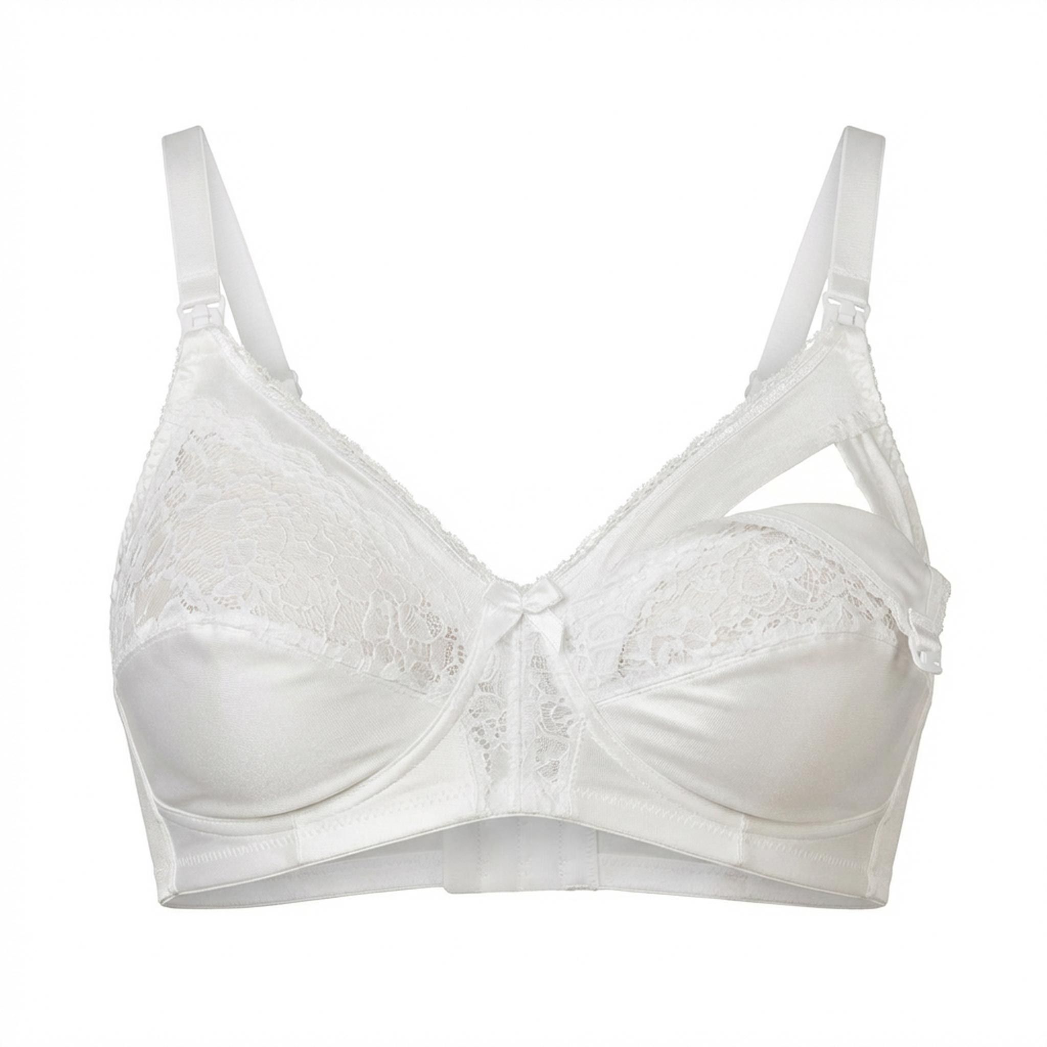 Soutien-gorge d'allaitement blanc en dentelle, bonnet C. Bretelles réglables.