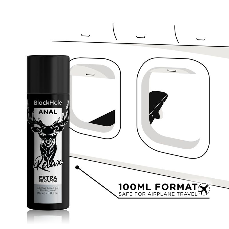 Flacon noir avec inscription : Black Hole ANAL Relax EXTRA DILATATION. Format 100ml. Symbole avion.
