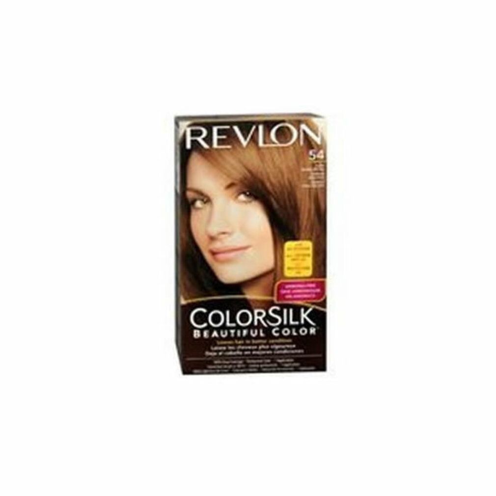 Verpakking Revlon Colorsilk 54 Hellgoldbraun. Afbeelding van vrouw met bruin haar. Productnaam zichtbaar.
