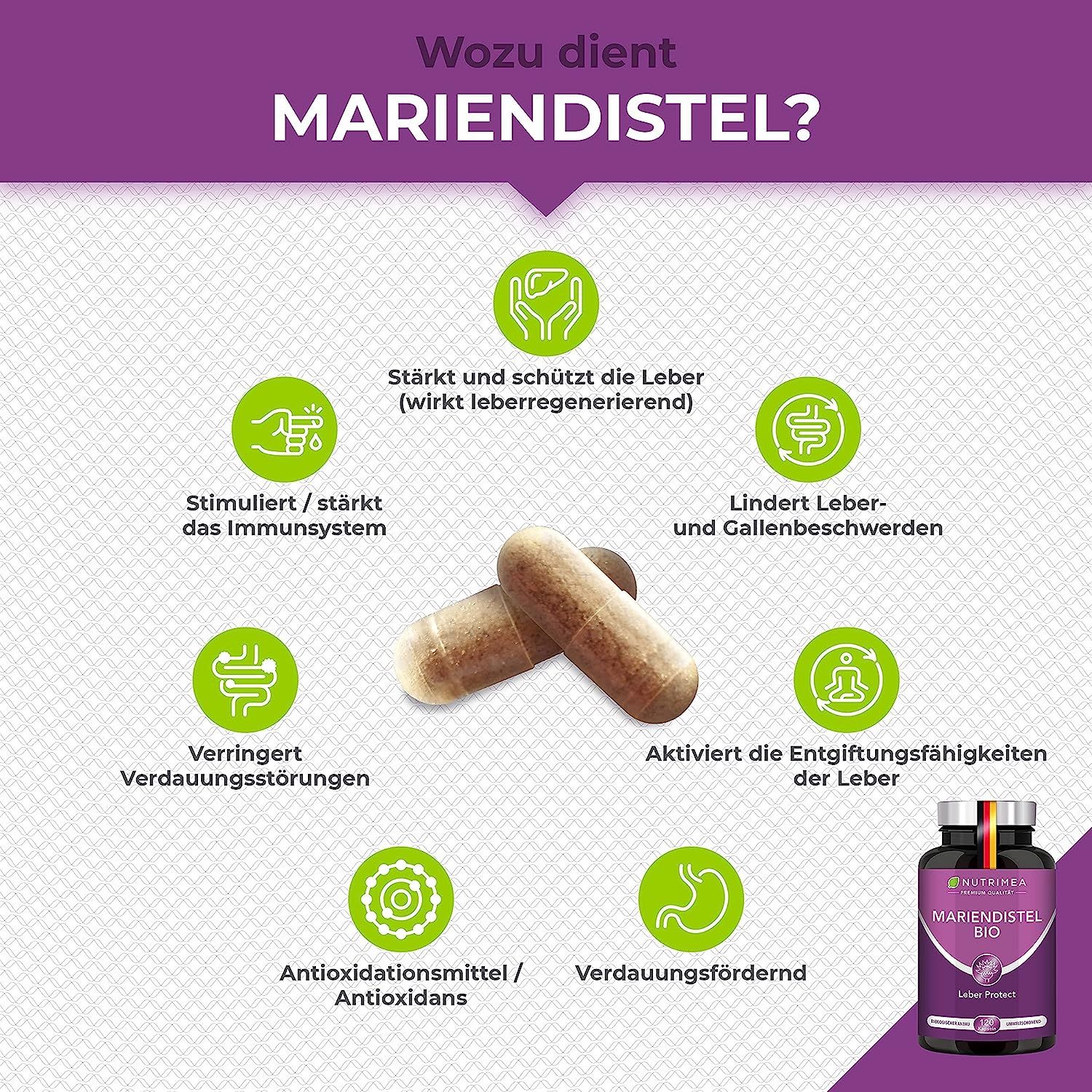 Infographic met capsules. Voordelen: lever, immuunsysteem, spijsvertering, antioxidant. Fles: Mariadistel BIO.