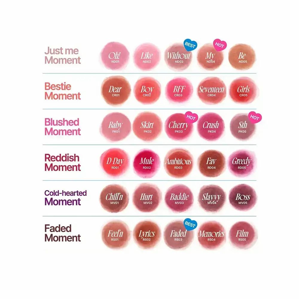 Make-up palette met verschillende tinten. Tekst: Just me Moment, Bestie Moment, Blushed Moment, Reddish Moment, Cold-hearted Moment, Faded Moment.