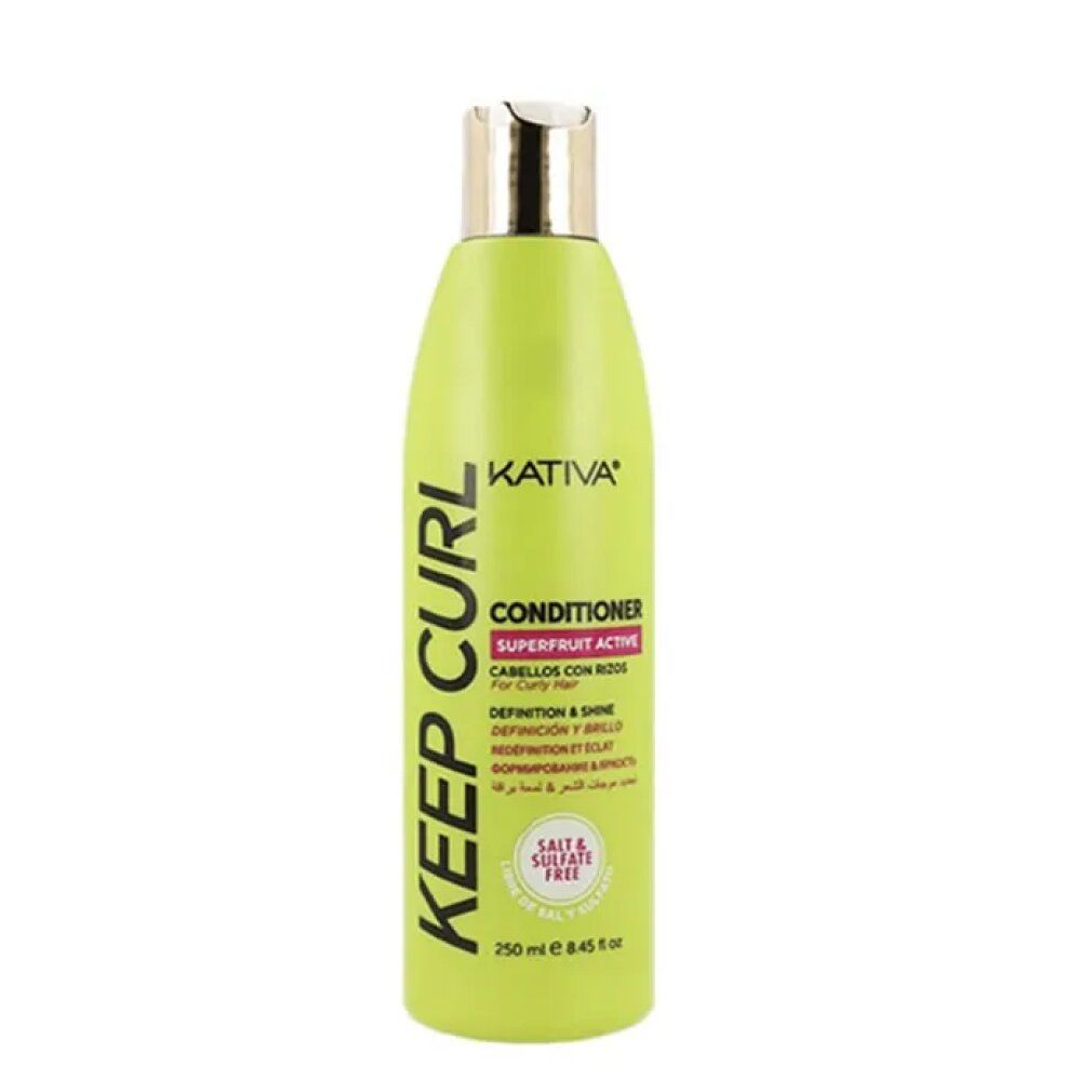 Flacon vert avec bouchon doré. Inscription: Kativa Keep Curl Conditioner, Superfruit Active, pour cheveux bouclés. Contient 250 ml.