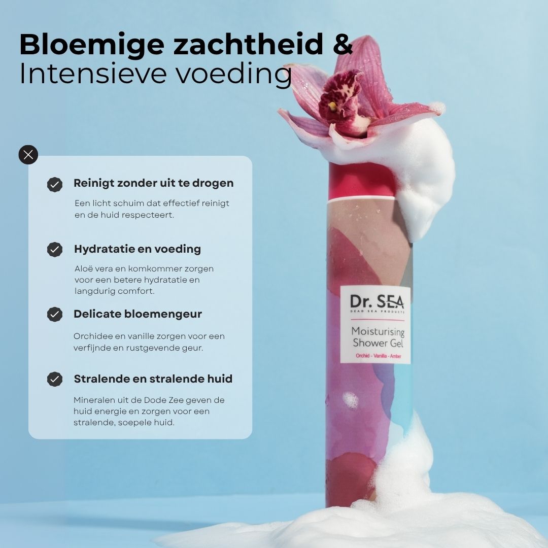 Douchegelfles met schuim en orchidee. Tekst: Dr. SEA, Moisturising Shower Gel. Voordelen: reinigt, hydrateert, delicate geur.