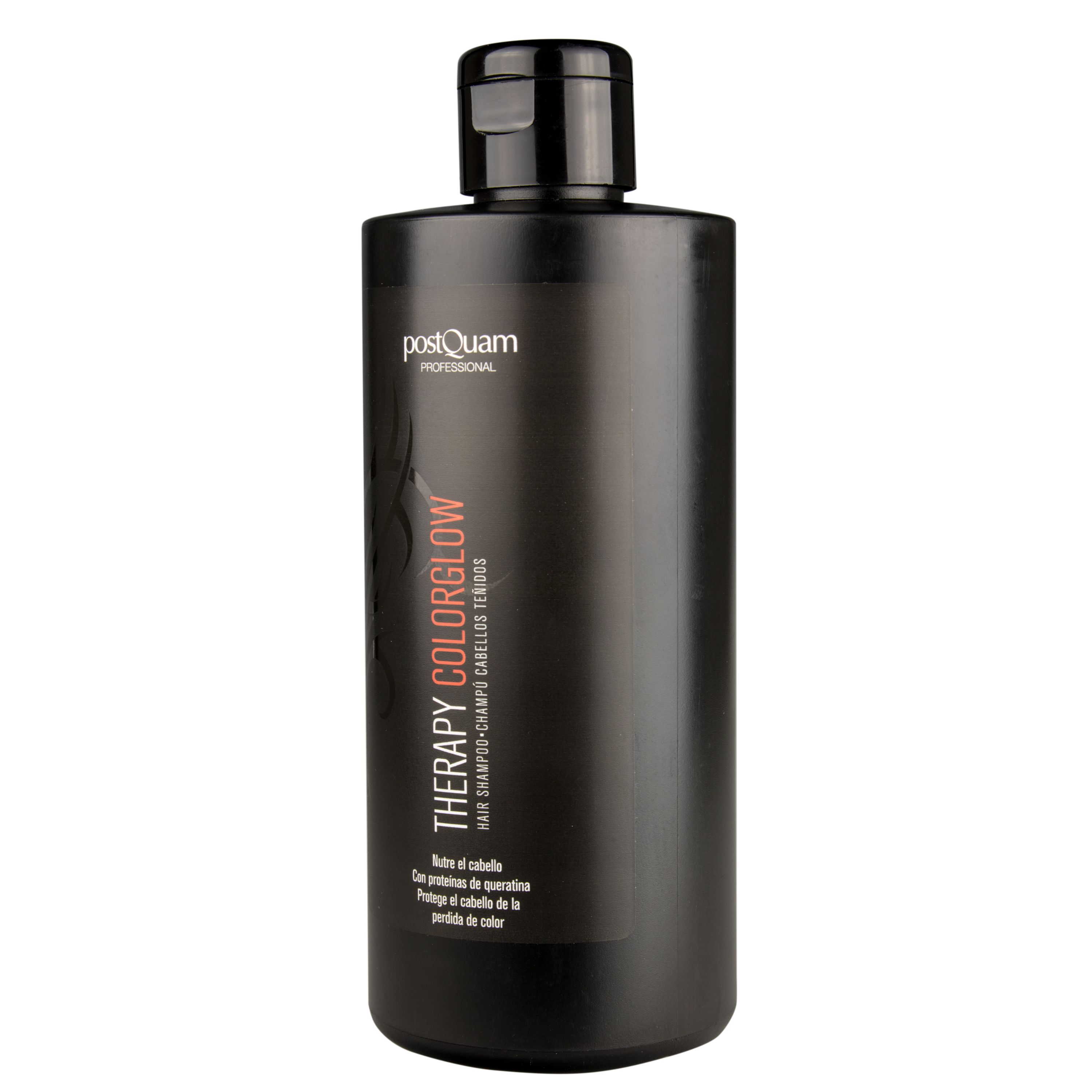 Zwarte shampoo fles met zwarte dop. Opschrift: Therapy Color Glow, PostQuam. Tekst in rood en wit. Voor gekleurd haar.