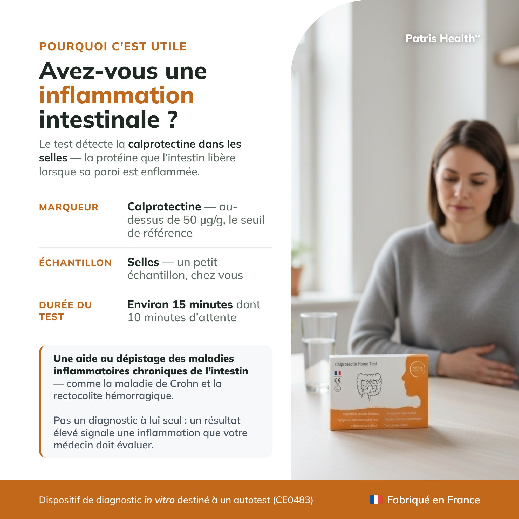 Version française : Utilité du test Calprotectin, avec une femme en arrière-plan.