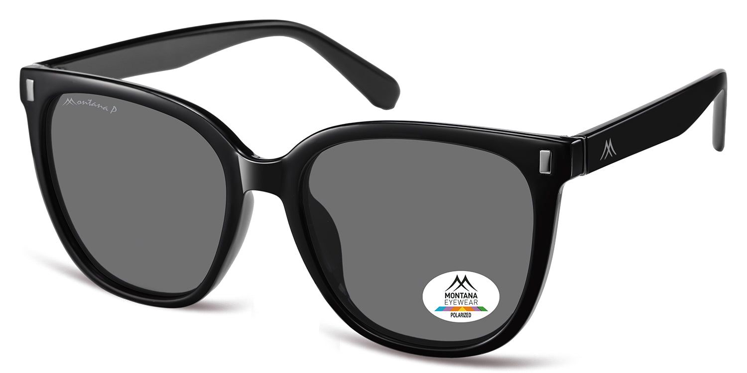 Lunettes de soleil noires avec verres gris. Logo Montana Eyewear sur la branche et le verre. Verre polarisé.