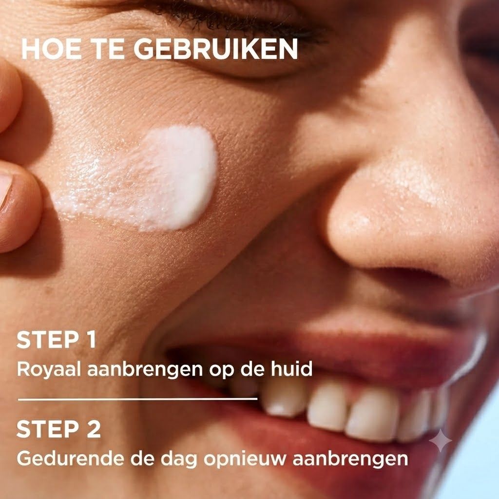 Crème aangebracht op de huid. Stap 1: Royaal aanbrengen. Stap 2: Gedurende de dag opnieuw aanbrengen.