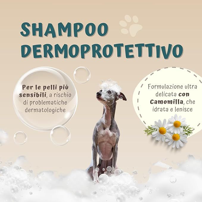 Image publicitaire avec chien et bulles de savon. Texte: Shampooing dermoprotettivo. Pour peaux sensibles. Formule ultra-douce à la camomille, hydrate et apaise.