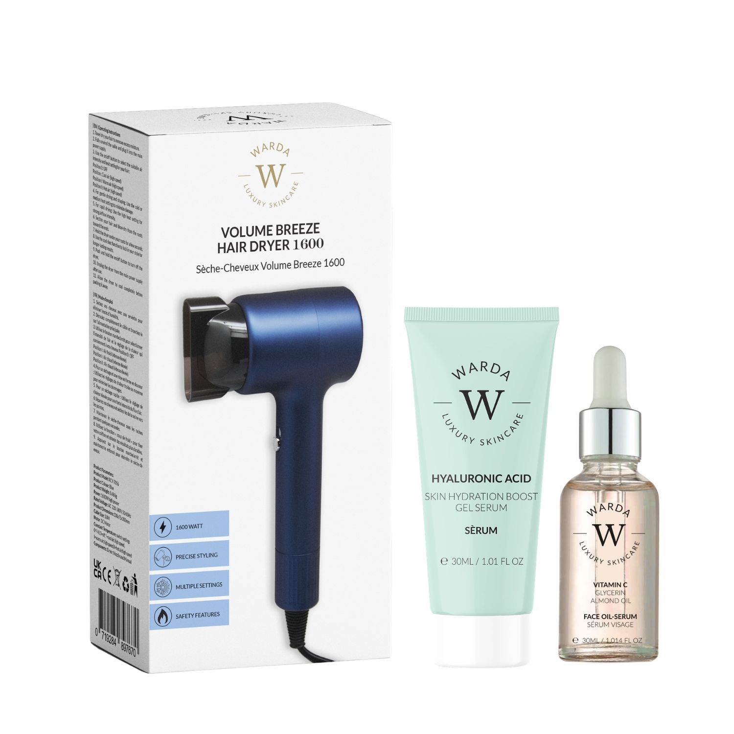 Haardroger, serum en olie-serum set. Verpakking met productnaam. Turquoise serum, pipetfles.