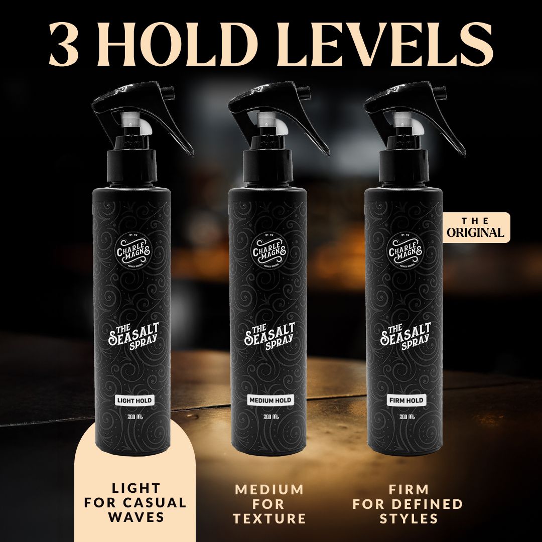 Trois bouteilles de The Seasalt Spray avec fixations légère, moyenne et forte.