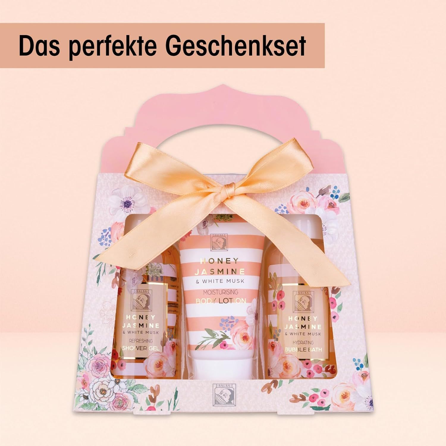 Cadeauset met drie producten in een geschenkdoos. Producten: douchegel, badschuim en bodylotion. Verpakking met strik en bloemmotief.